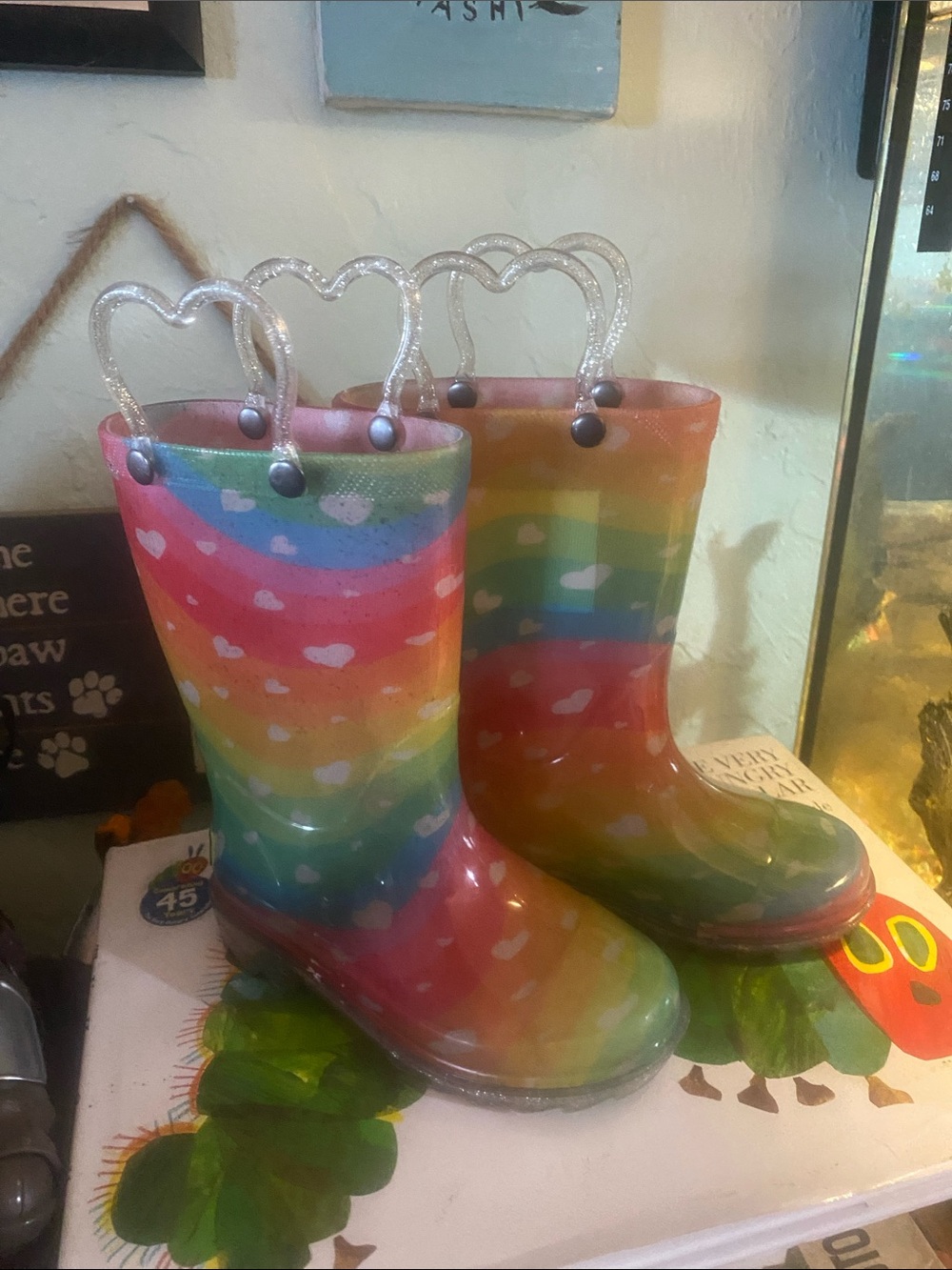 Kids rainbow heart rain boots